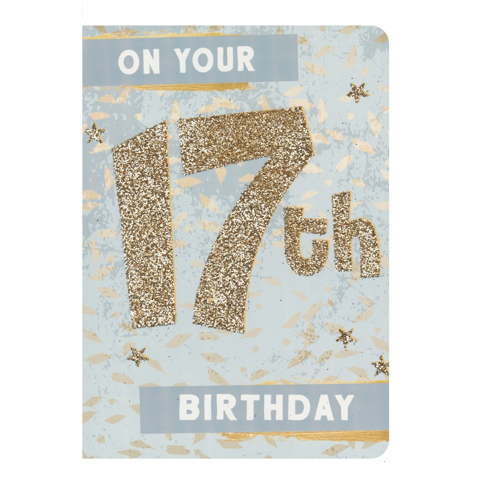Front of this card features the text "ON YOUR 17th Birthday written in glittery gold letters on a blue background with stars.