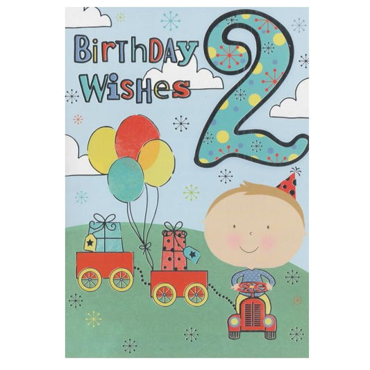 Front of this card features an illustration of a little boy sitting on a toy wagon, with the text 'Birthday Wishes' and a large number 2.