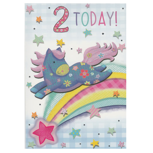 Front of this card features an illustration of a blue pony with a colourful mane jumping over a rainbow, paired with a message.