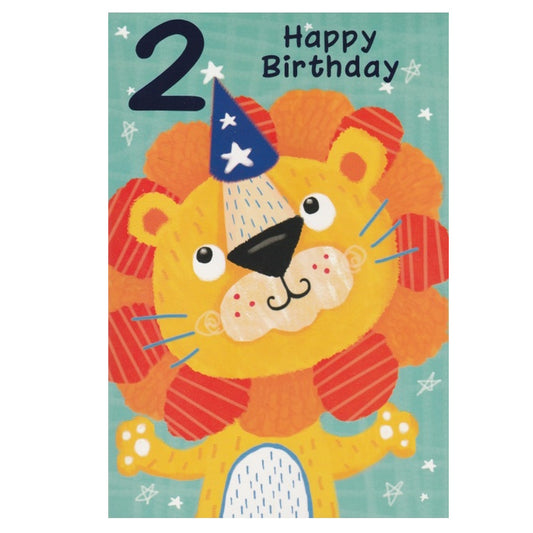 Front of this card features an illustration of a lion wearing a blue party hat, paired with a message.