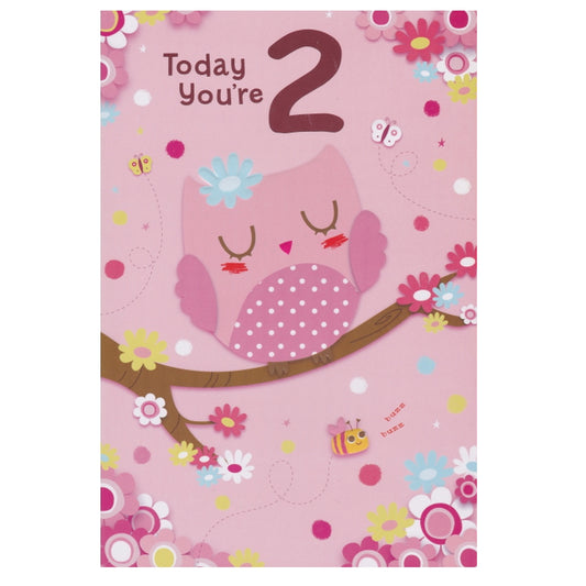 Front of this card features an illustration a colourful scene of an owl asleep on a branch, paired with a message.