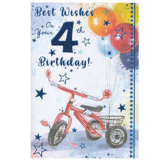 Front of this card features an illustration of a red tricycle and colourful balloons with the text 'Best Wishes On Your 4th Birthday!.