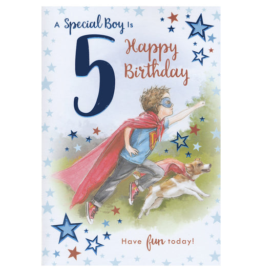 Front of this card features an illustration of a young boy and dog playing at super heroes wearing capes, paired with a message.