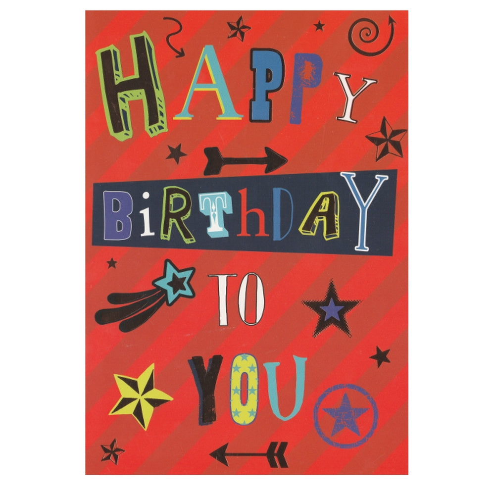Front of this children's birthday card features the text 'HAPPY BIRTHDAY TO YOU' on a red arrowed background.