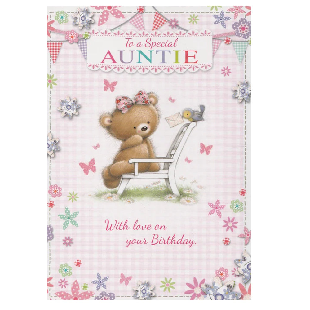 Front of this birthday card features an illustration of a teddy bear and a small bird, with a floral pattern and the text 'To a Special AUNTIE With love on your Birthday', as shown in product photo.