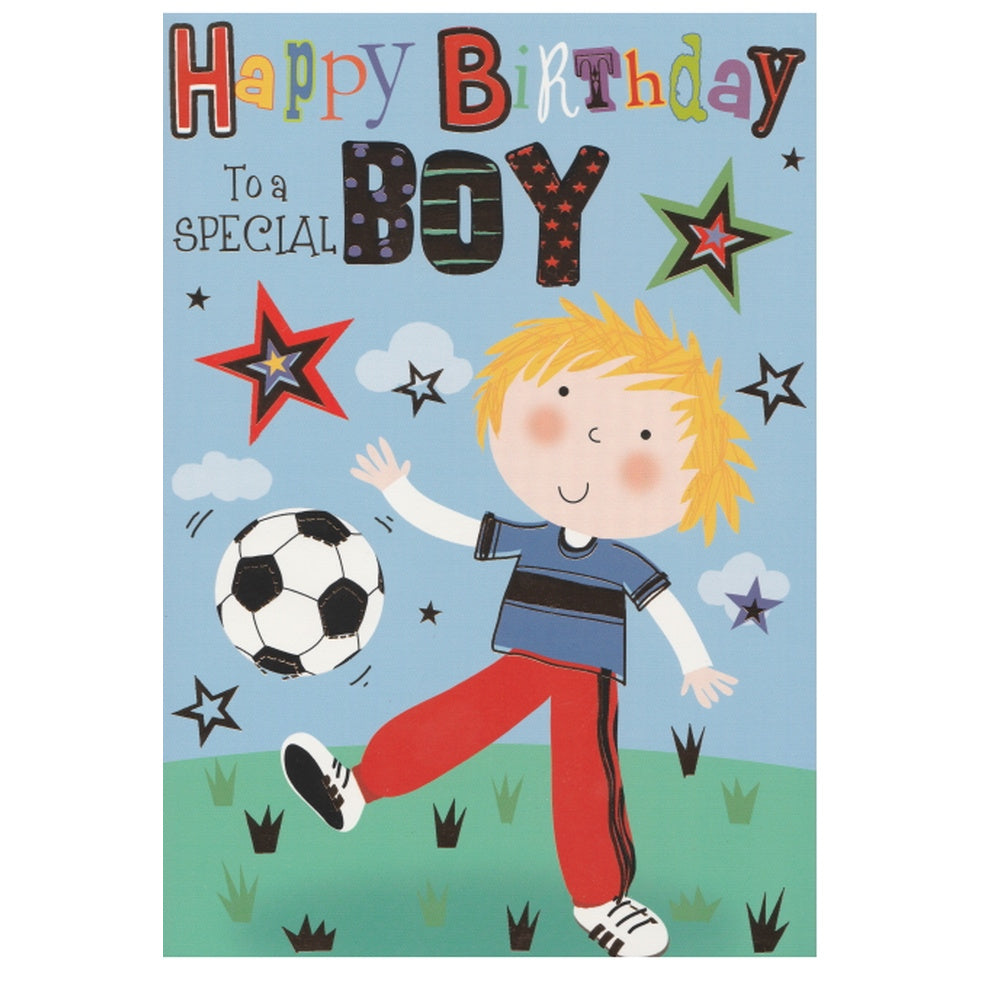 Front of this children's birthday card features an illustration of a boy with a football, paired with a message.