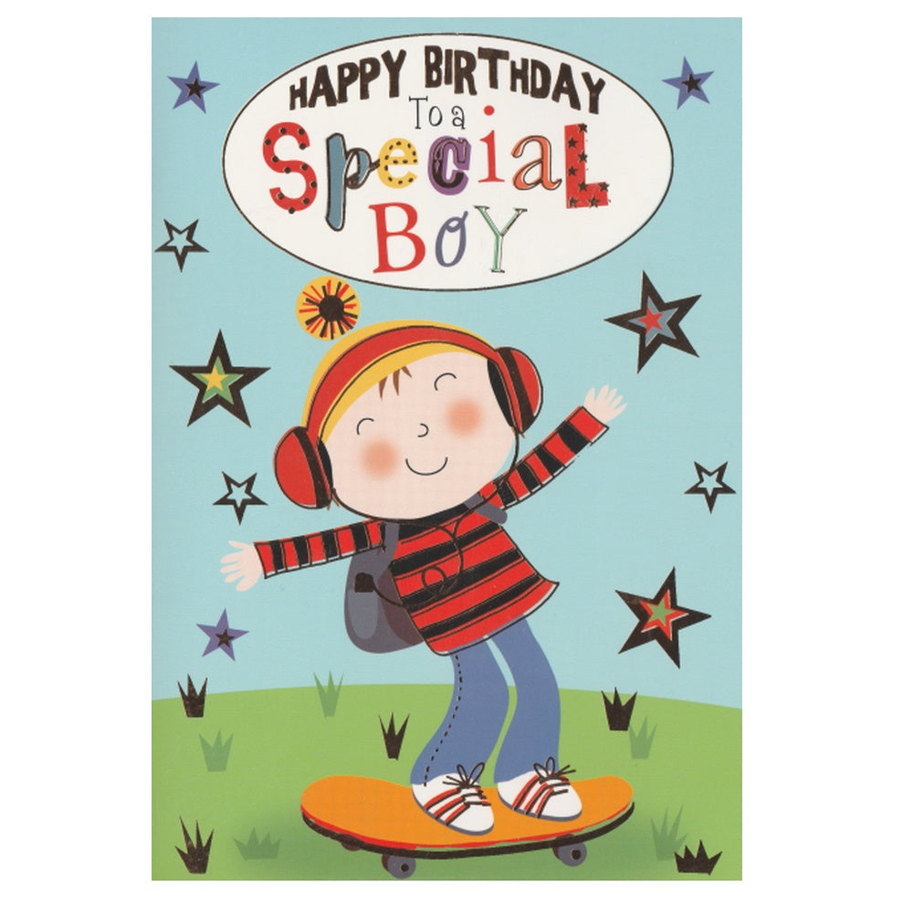 Front of this children's birthday card features an illustration of a boy wearing headphones skateboarding, paired with a message.