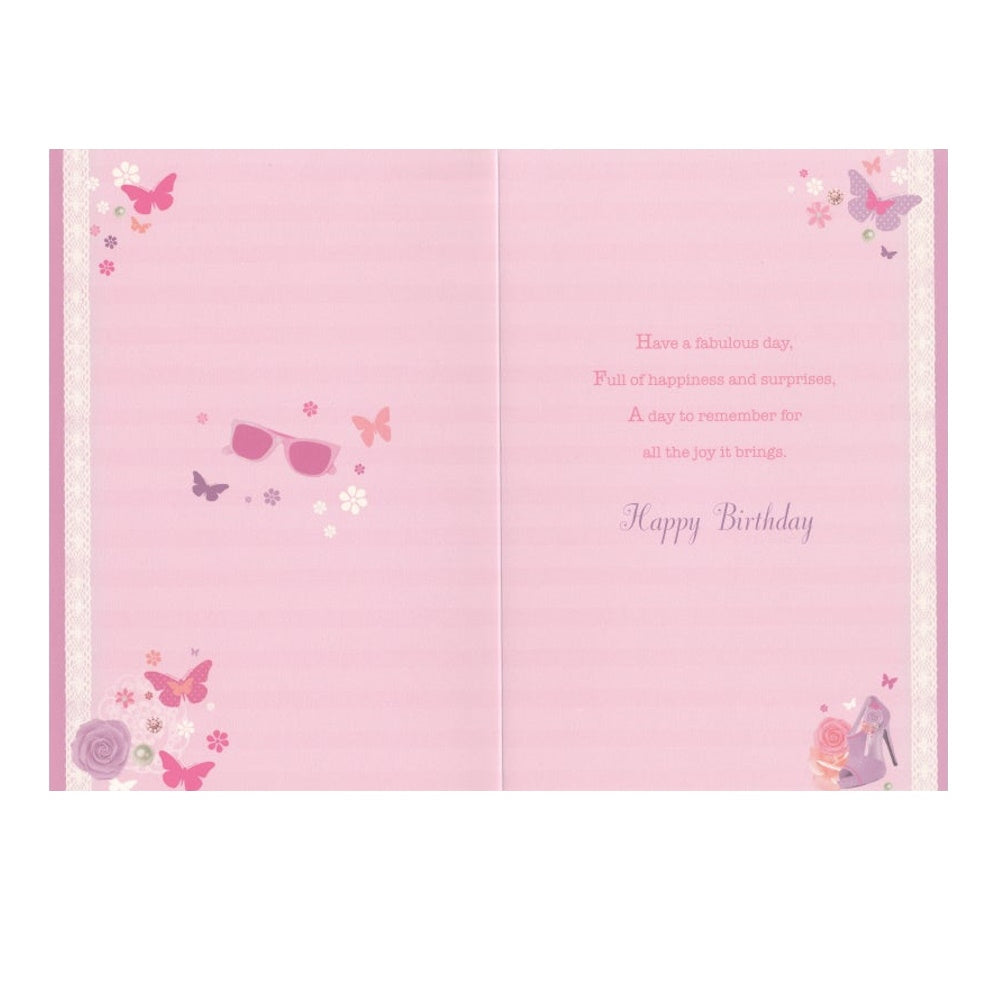 Front of this card features illustrations of butterflies, sunglasses and shoes on a pink background, paired with a message.