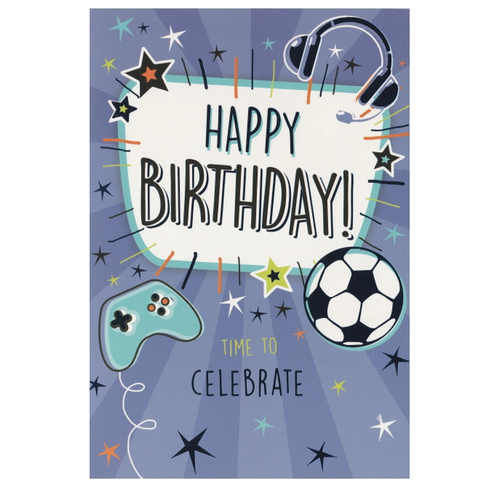Front of this children's birthday card features the text 'HAPPY BIRTHDAY TIME TO CELEBRATE' and an illustration of a football, controller and headphones.