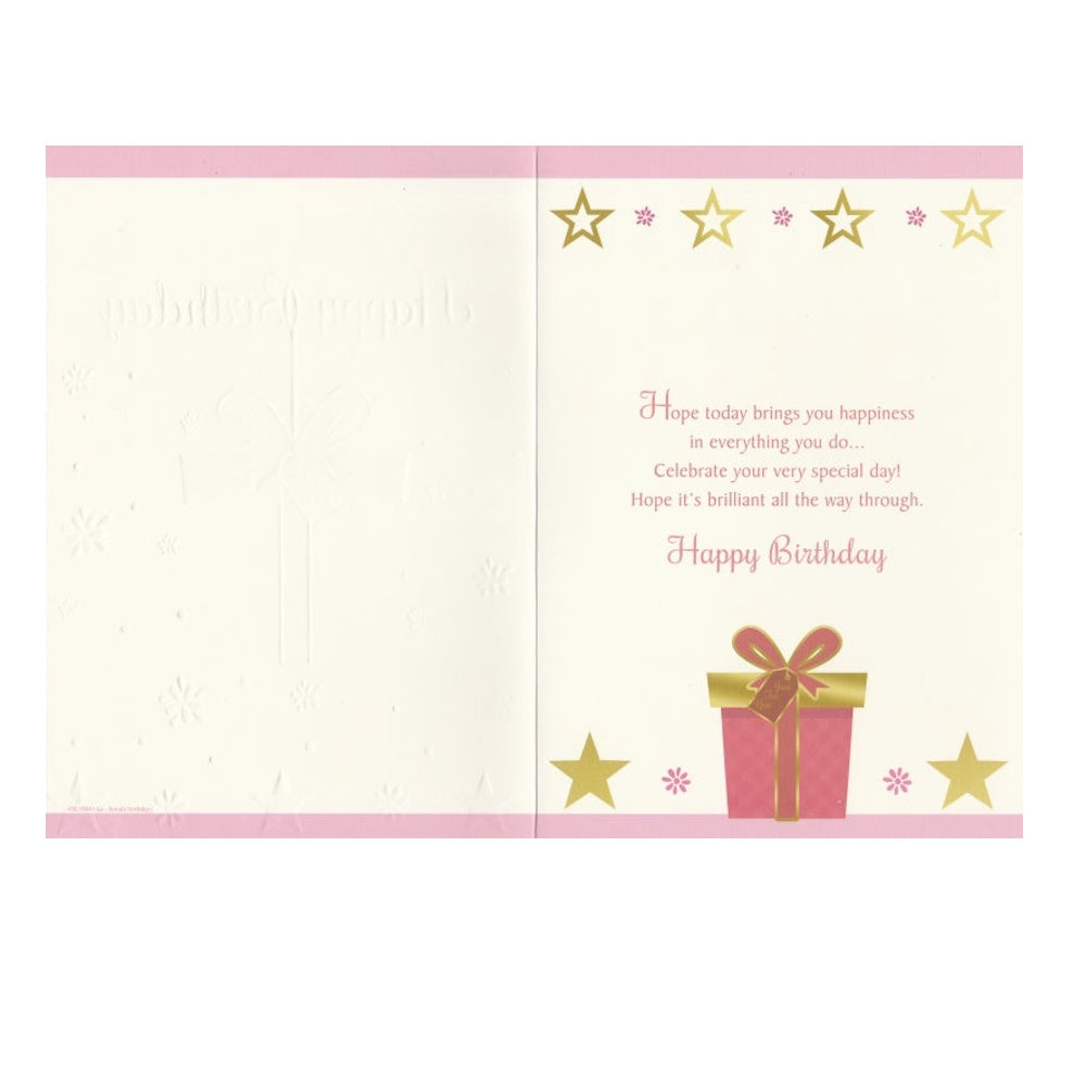 Front of this card features an illustration of a present surrounded by stars with the text 'Celebrate in Style Happy Birthday'.