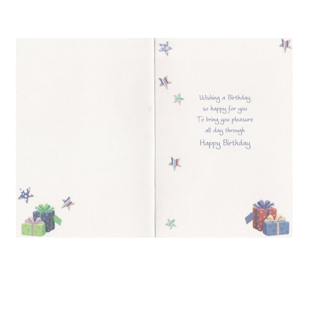 Front of this card features an illustration of a bear reading the newspaper, surrounded by stars, hearts and swirls, paired with a message.