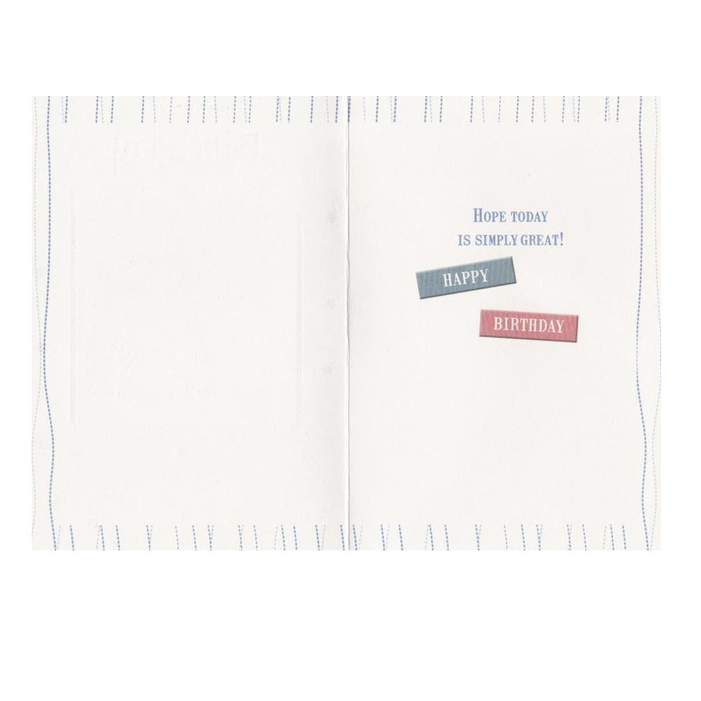 Front of this birthday card features an Illustration of a bear and a mouse, with the bear throwing a dart at a dartboard, paired with a message.