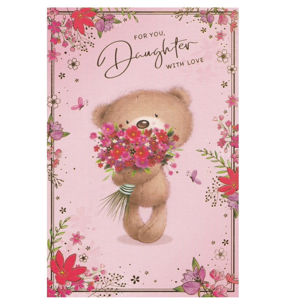 Front of this card features an illustration of a bear holding a flower bouquet on a pink background with a flowered border, paired with a message, as shown in product photo.