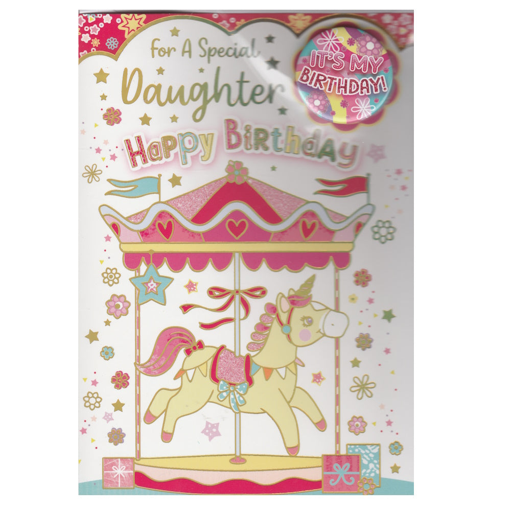 Front of this card features an illustration of a yellow carousel horse with a pink saddle, with the text 'For A Special Daughter Happy Birthday'.