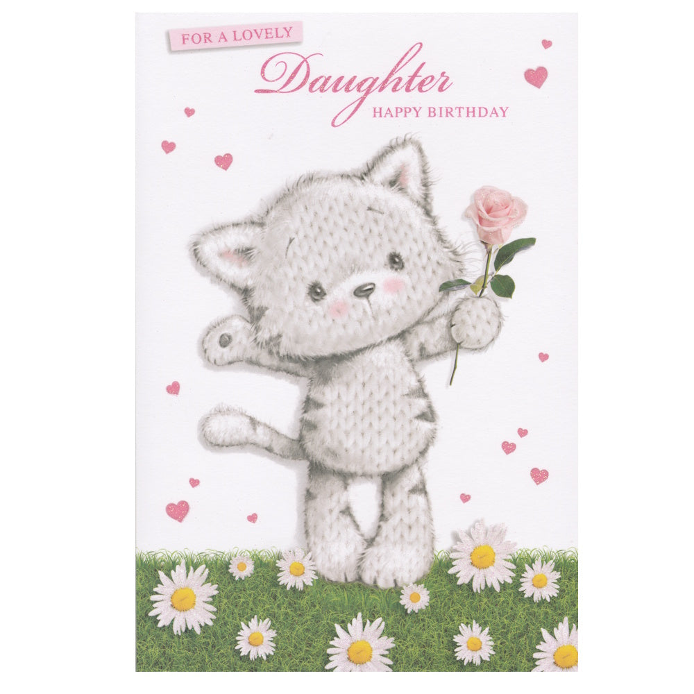 Front of this card features an illustration of a cat holding a pink rose set against a background with hearts and a field of daisies, paired with a message.