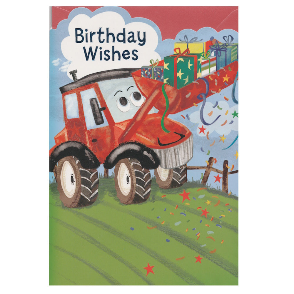 Front of this birthday card features an illustration of a cartoon red digger holding gift boxes, set against a colourful background, paired with a message.