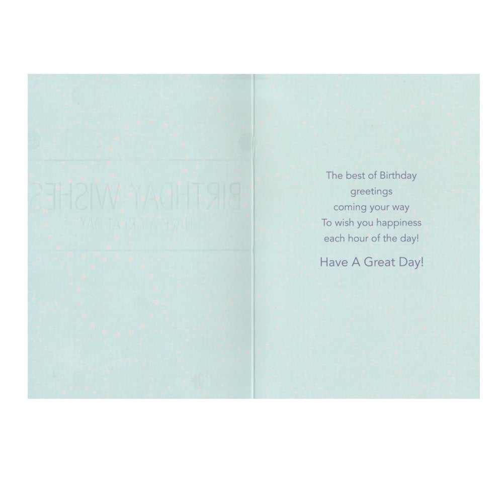 Front of this card features the text 'BIRTHDAY WISHES' 'HAVE A GREAT DAY' on a dotted background.