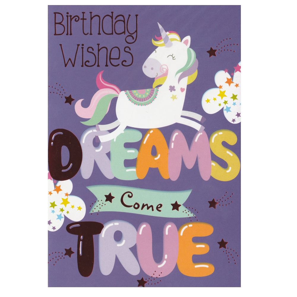 Front of this children's birthday card features an illustration of a white unicorn with colourful mane and tail, paired with a message.