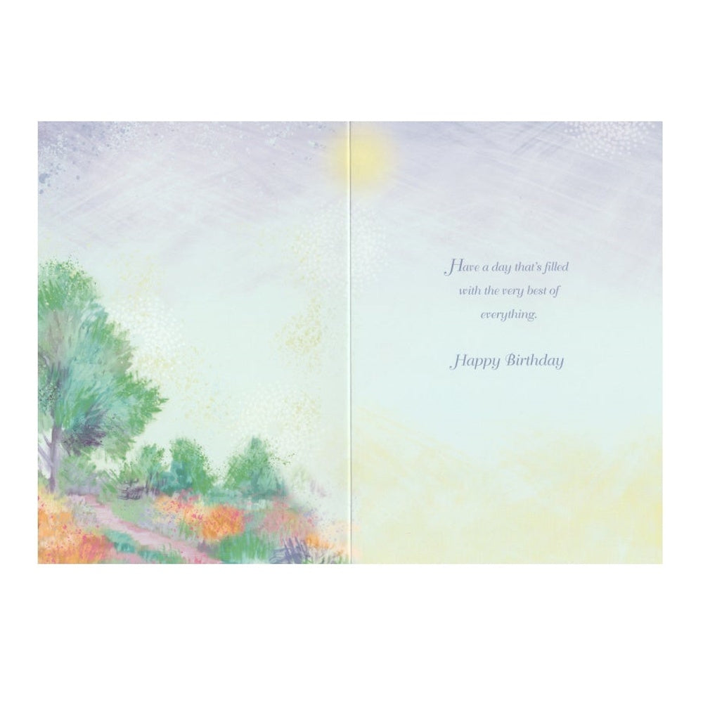 Front of this card features an illustration of a tree and bushes, paired with a message.