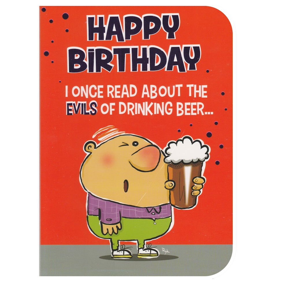 Front of this card features an illustration of cartoon character holding a beer mug, paired with a message.