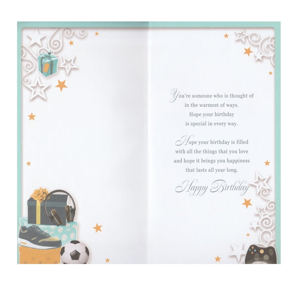 Front of this card features illustrations of headphones, shoes and a football, paired with a message.