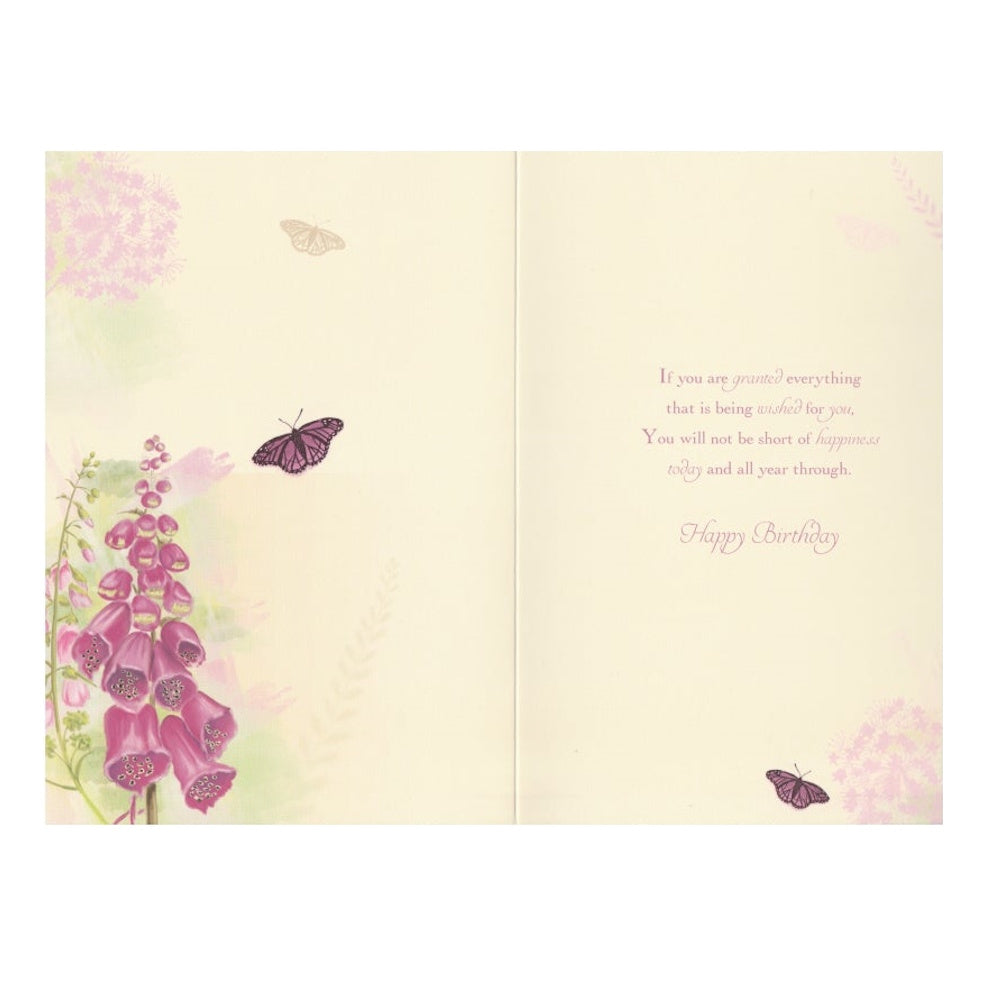 Front of this card features an illustration of foxglove flowers and a butterfly, paired with a message.