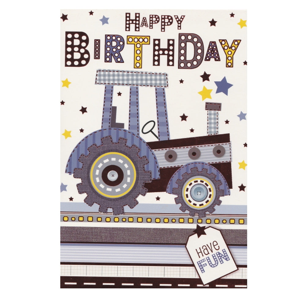 Front of this children's birthday card features an illustration of a blue tractor, paired with a message, as shown in product photo.