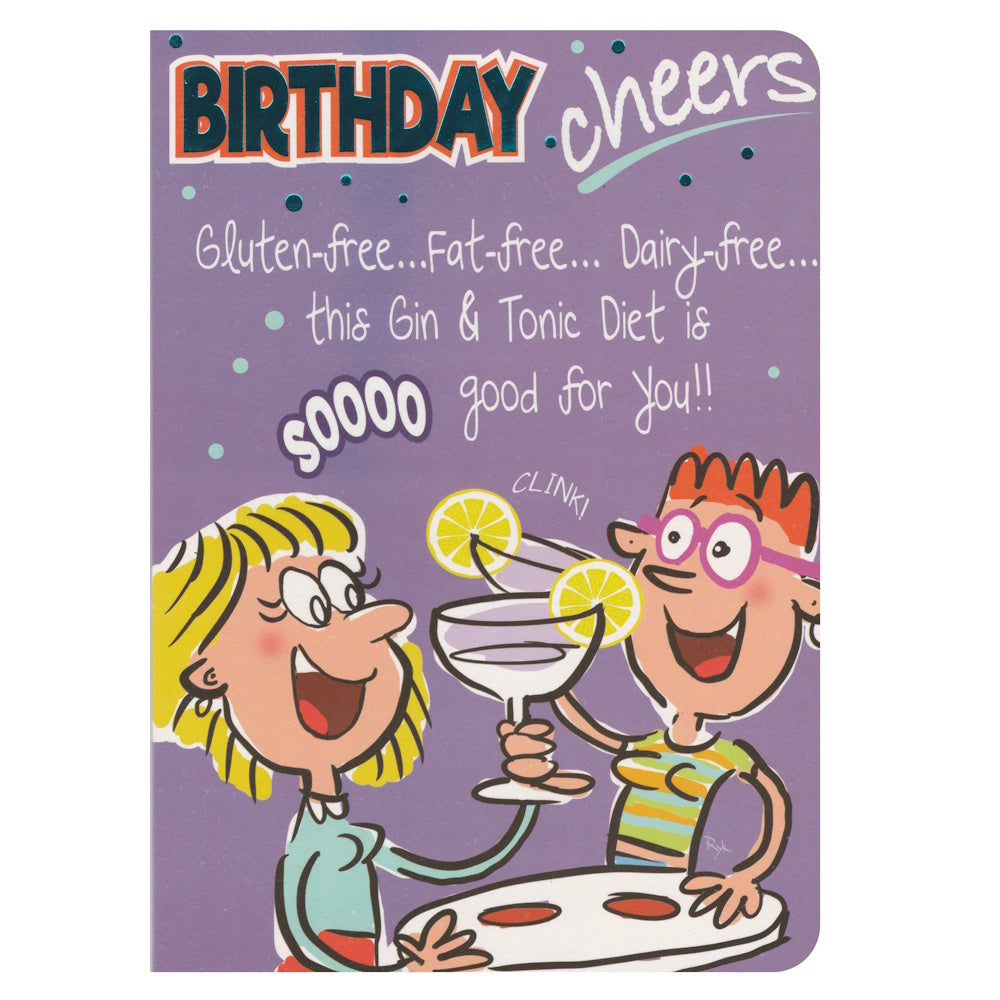 Front of this funny birthday card features an illustration of a man and woman enjoying cocktails, paired with a message.