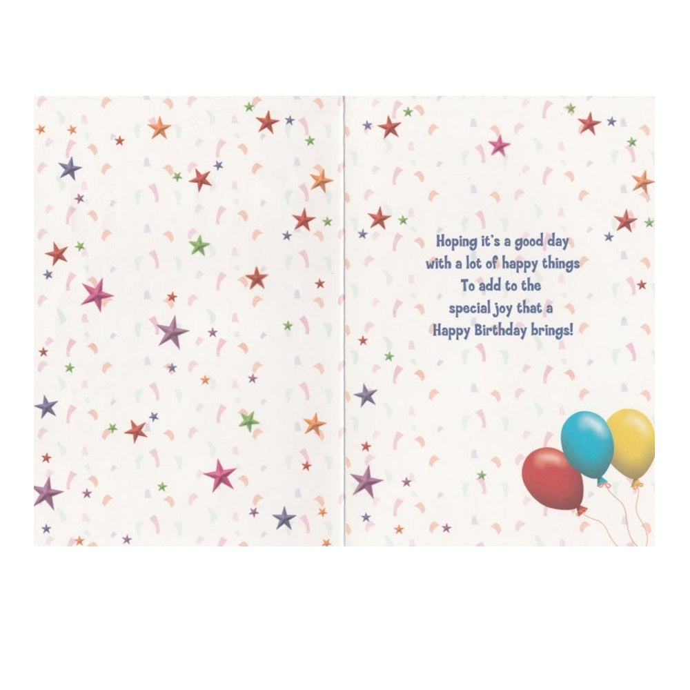 Front of this card features the text 'Have a great birthday' and an illustration of three balloons.