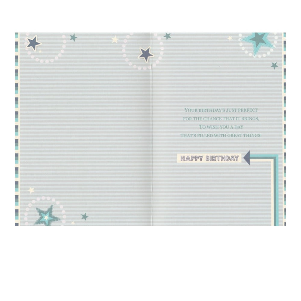 Front of this card features the text 'Happy Birthday' 'Have A Great Day' on a grey striped background.