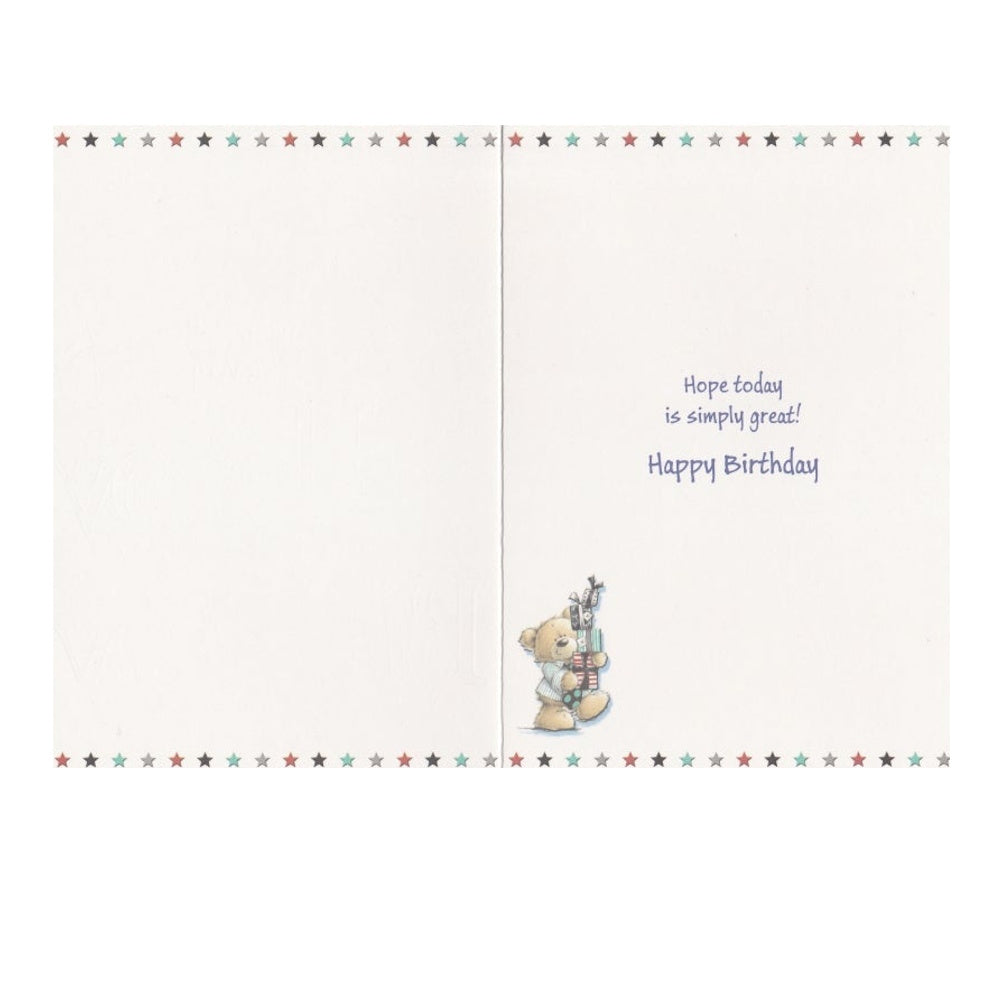 Front of this card features an Illustration of a bear holding a stack of presents with the text 'Hope you have a Great Day' and 'Wishing You A Very Happy Birthday'.