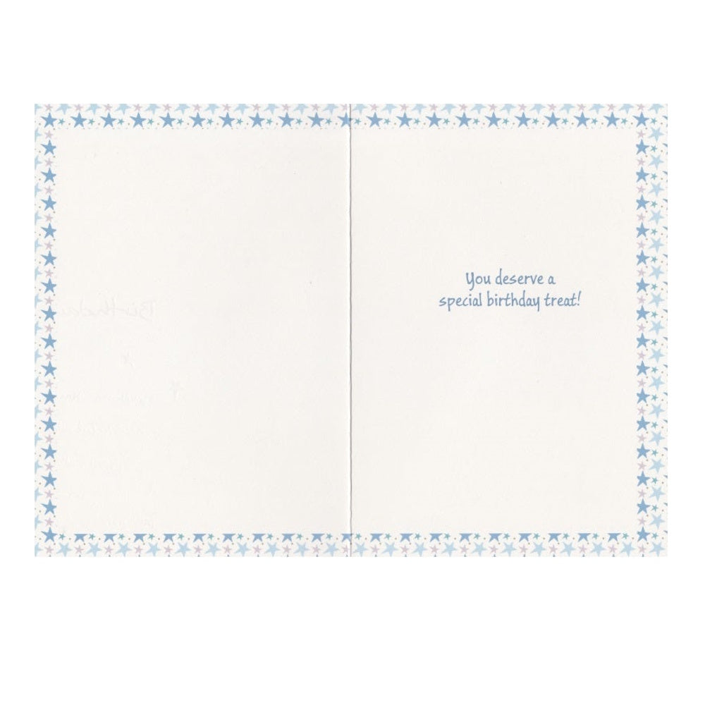 Front of this card features an illustration of a dog with a gift and the text 'Have A Very Happy Birthday' surrounded by stars and presents. paired with a message.