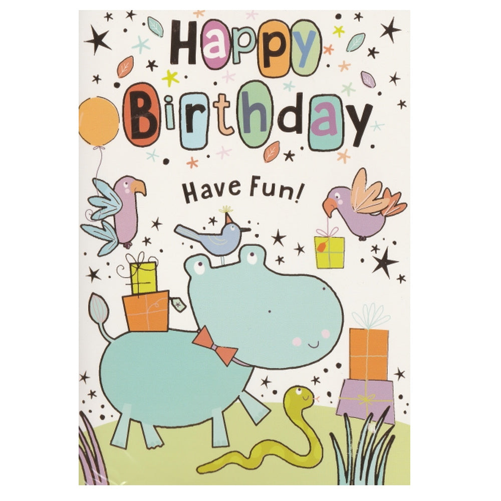Front of this children's birthday card features an illustration of a hippo wearing a bow-tie and presents, paired with a message.