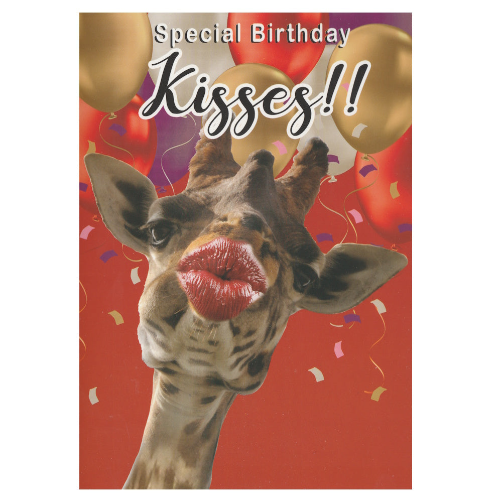 Front of this joke birthday card features a photo of a giraffe blowing a kiss, with the text 'Special Birthday Kisses!!'.