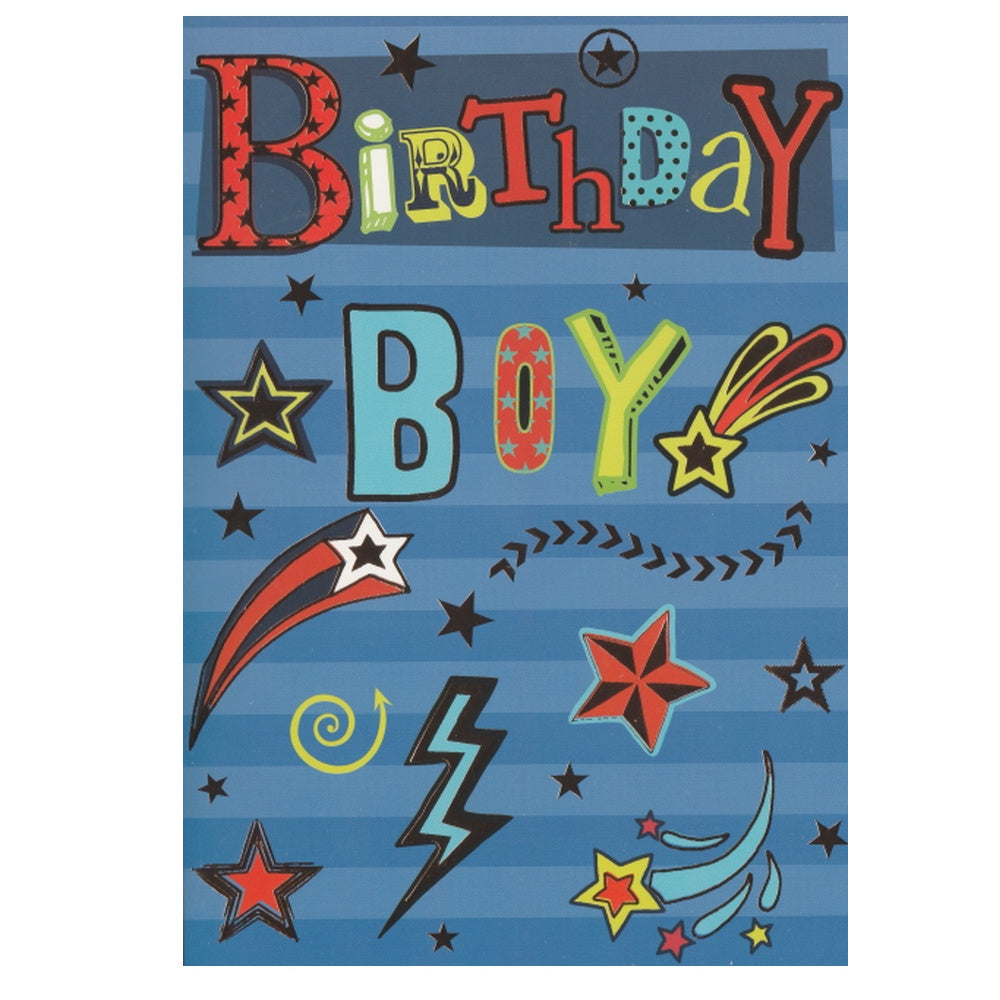 Front of this children's birthday card features the text 'BIRTHDAY BOY' with illustrations of stars and lighting bolts, as shown in product photo.