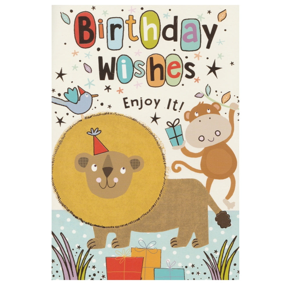 Front of this children's birthday card features an illustration of a lion and monkey, paired with a message.