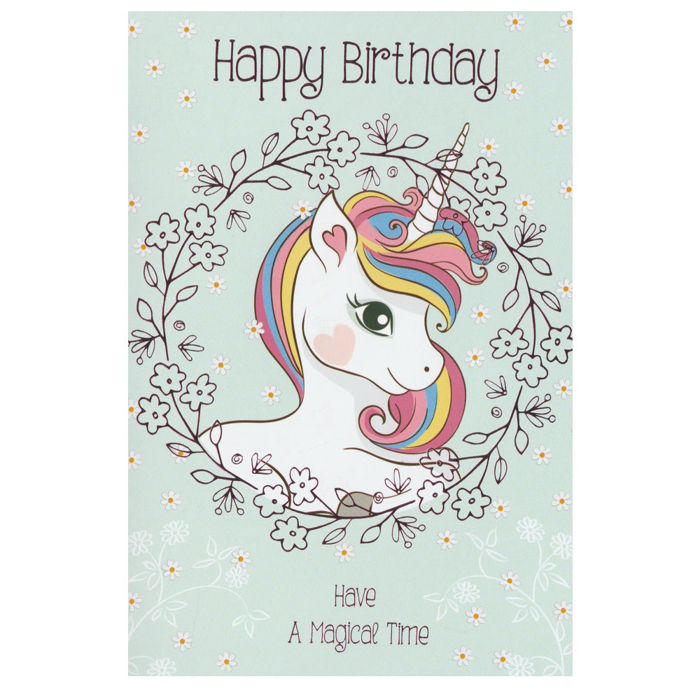 Front of this children's birthday card features an illustration of a unicorn surrounded by flowers, paired with a message.