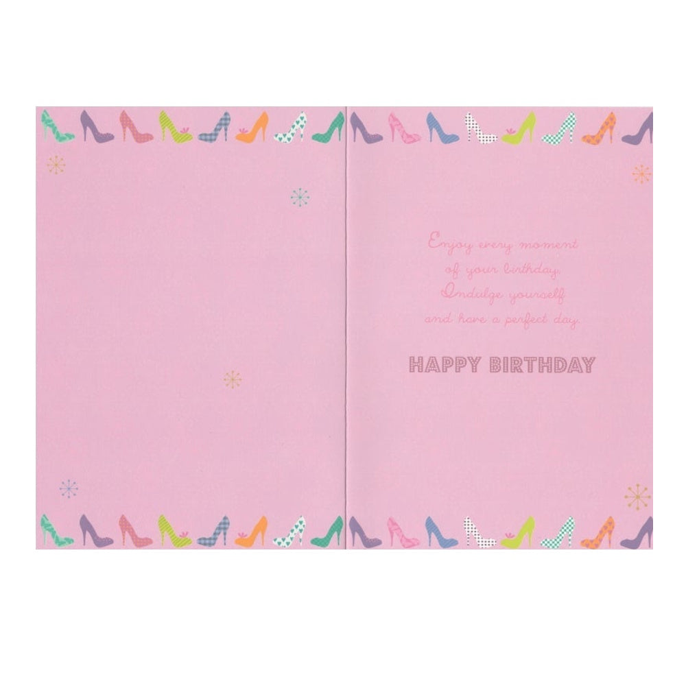 Front of this card features a illustration of various colored high-heeled shoes on a purple background with the text 'On your BIRTHDAY Celebrate in style!'.