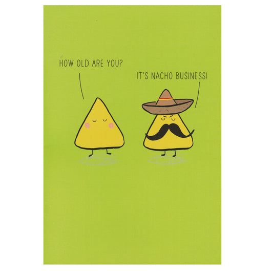 Front of this card features an illustration of  two chatting nachos, paired with a message.