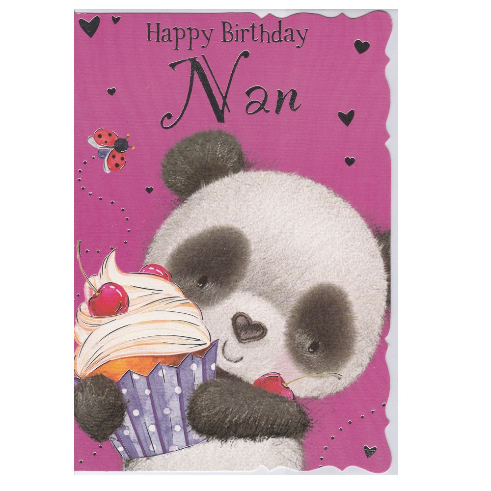 Front of this nan birthday card features an illustration of a panda holding a cupcake with the text 'Happy Birthday Nan'.