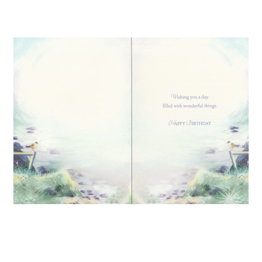 Front of this card features an illustration of a bird, with the text 'Thinking Of You On Your Birthday Life is filled with so many gifts and opportunities. May your birthday unfold all of these special things.