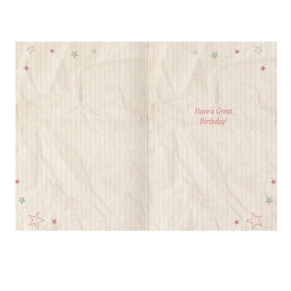 Front of this card features an illustration of a bear sitting under an parasol and surrounded by stars, paired with a message.