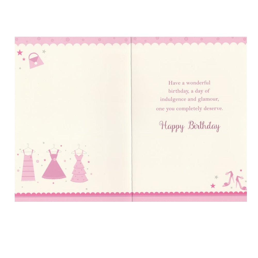 Front of this card features an illustration of three pink dresses with the text 'Happy Birthday' and 'Hope your day is Special', paired with a message.
