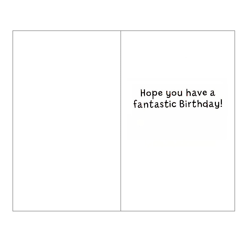 Front of this birthday card features an illustration of pink kitten holding onto a tree branch with a rainbow and balloons, paired with a message.