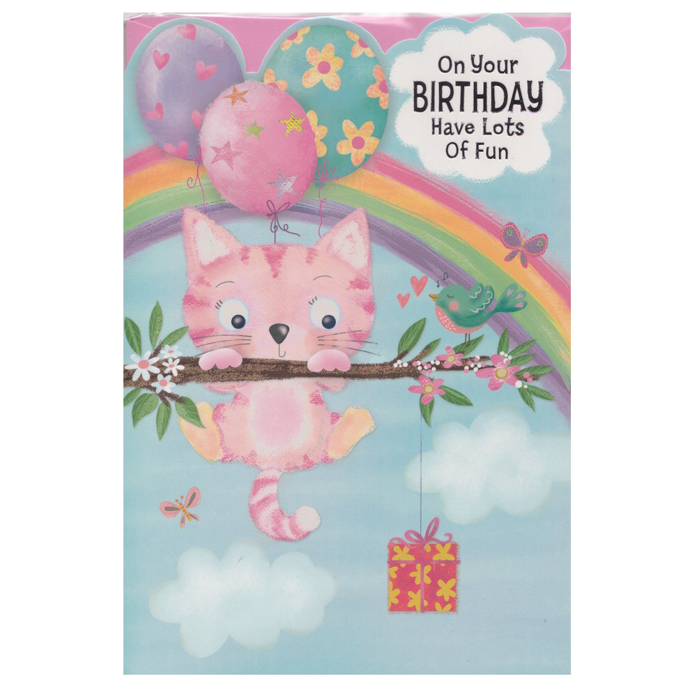 Front of this birthday card features an illustration of pink kitten holding onto a tree branch with a rainbow and balloons, paired with a message.
