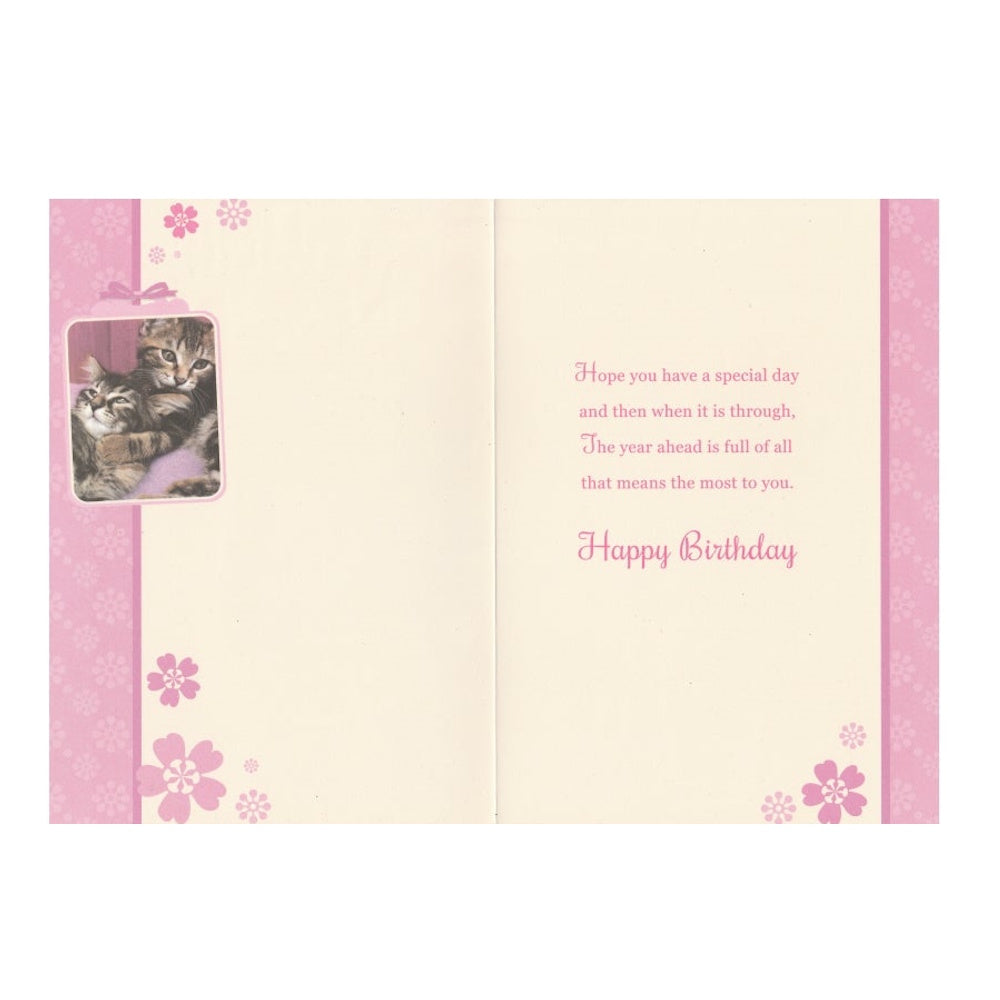 Front of this card features a photo of two kittens playing, with a pink background and floral patterns, paired with a message.