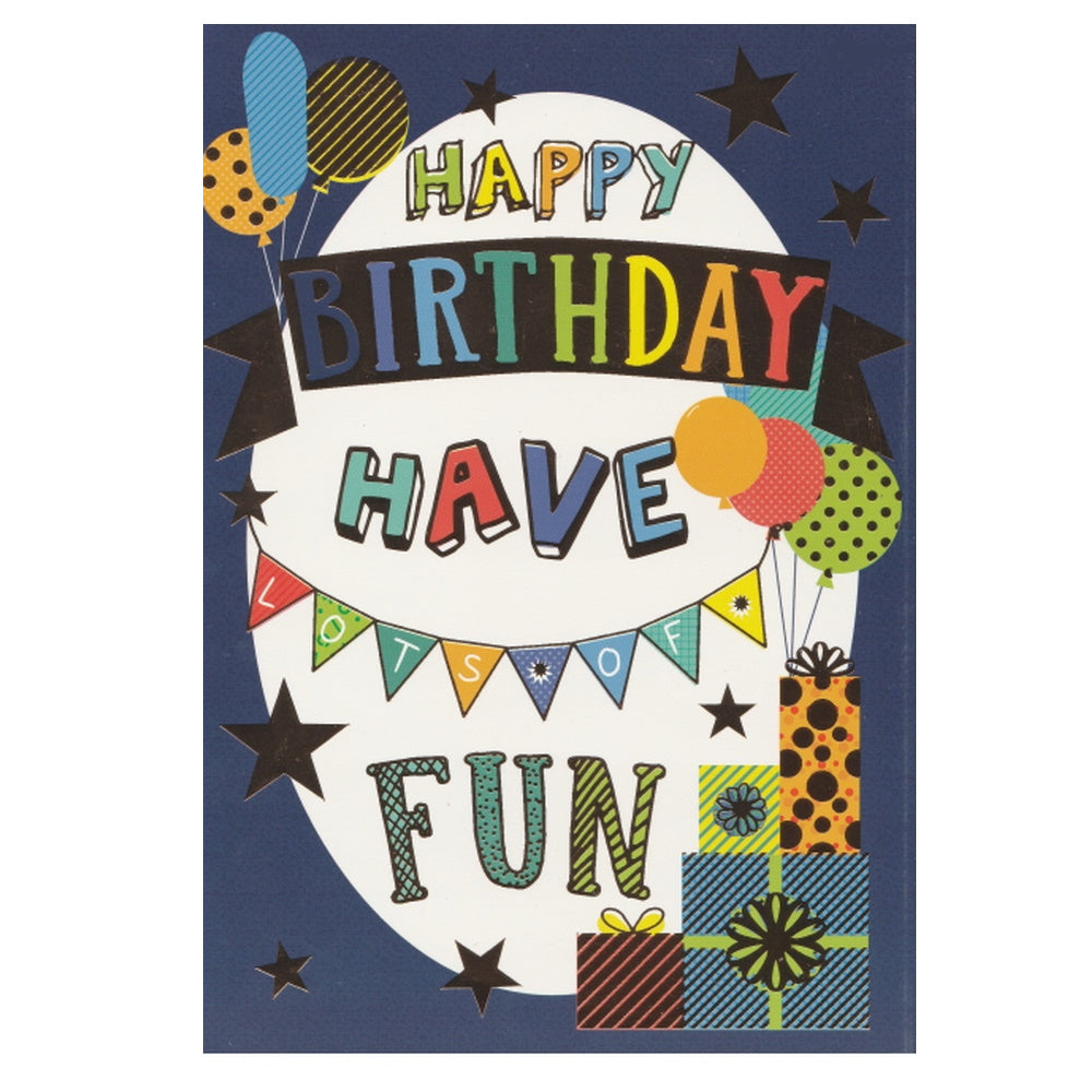 Front of this children's birthday card features an illustration of colourful balloons and bunting, paired with a message.