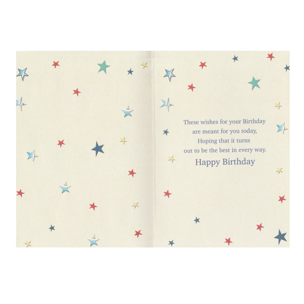 Front of this card features 'Happy Birthday To You' text in multicolored letters on a silver foil background with decorations such as stars.