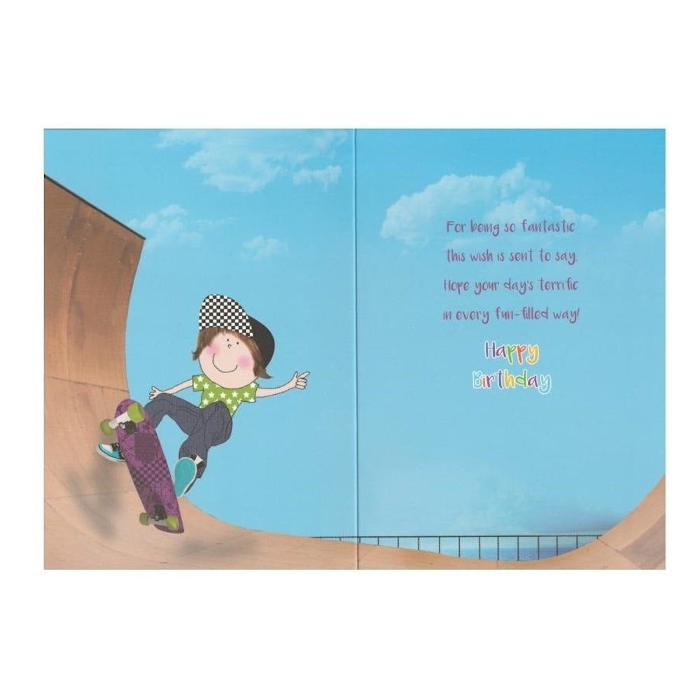 Front of this card features an illustration of a skatepark and a boy skateboarding, with the text 'Birthday Fun'.