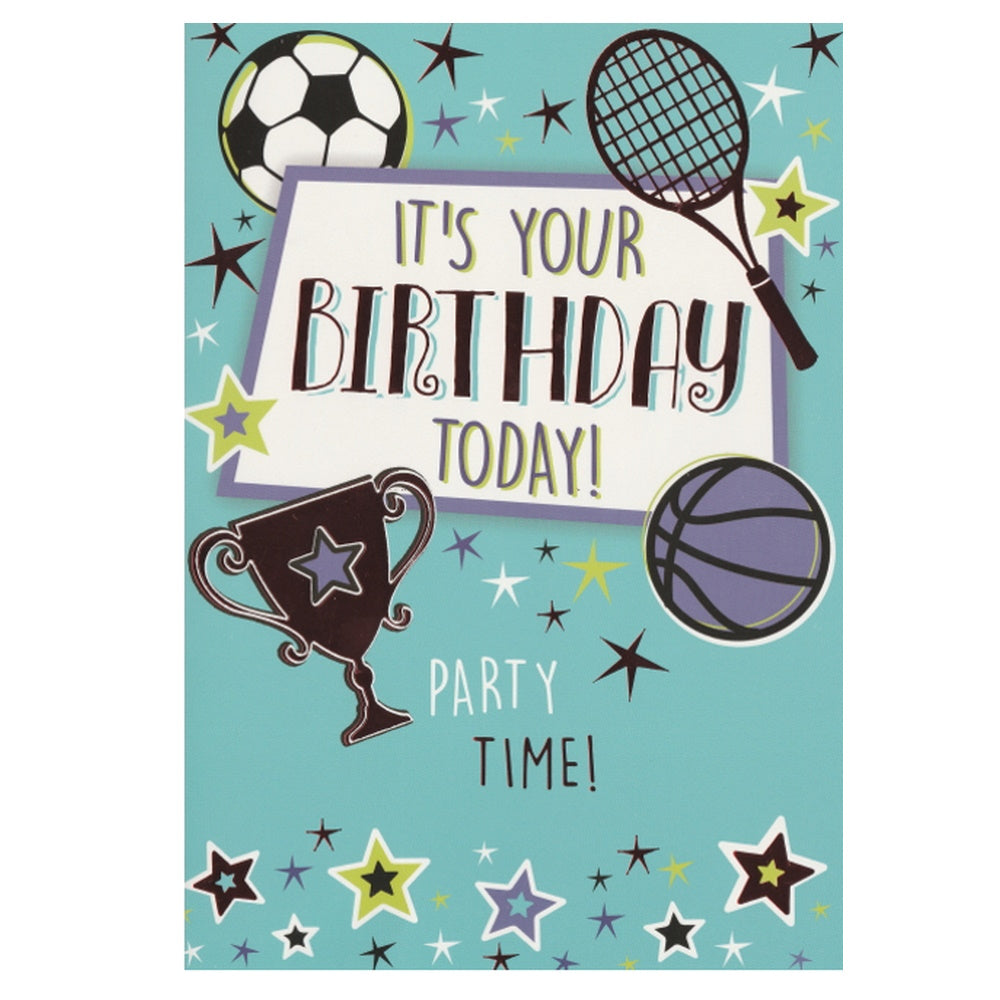 Front of this children's birthday card features illustrations of sports equipment, paired with a message.